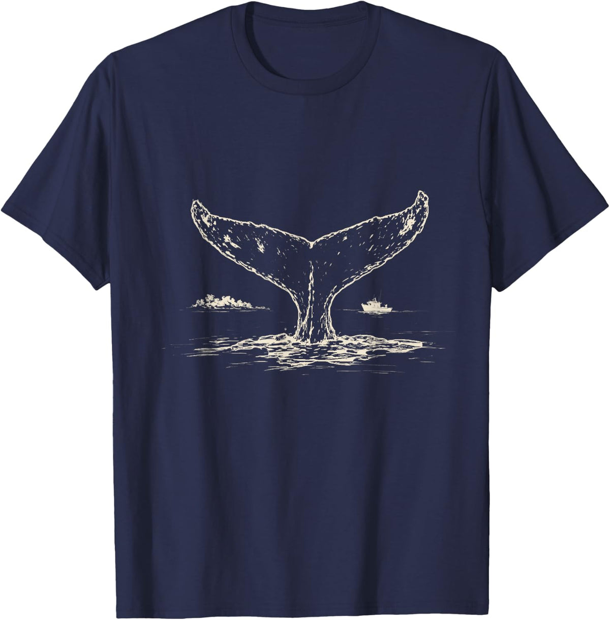 Vintage Humpback Whale Ocean Scene Ink Etching Sea T-Shirt - Navy Blue