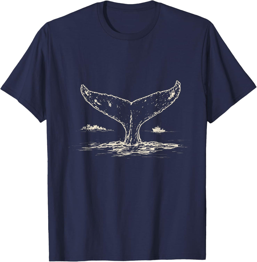 Vintage Humpback Whale Ocean Scene Ink Etching Sea T-Shirt - Navy Blue
