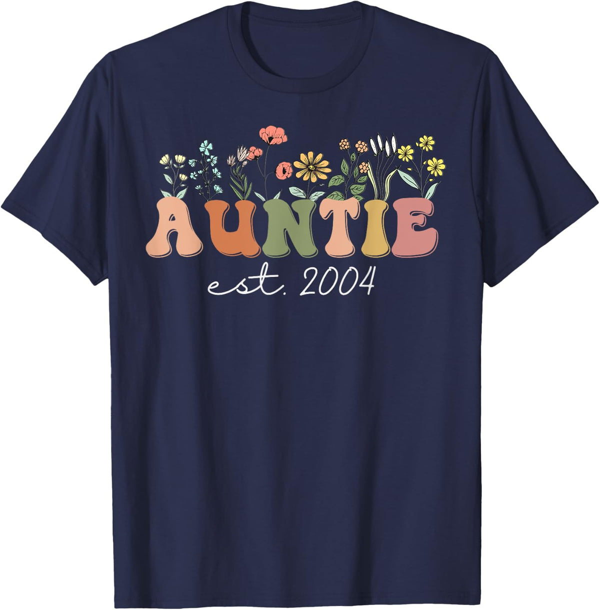 Auntie Est 2004 Auntie To Be, New Aunt Wildflower Pregnancy T-Shirt - Navy Blue