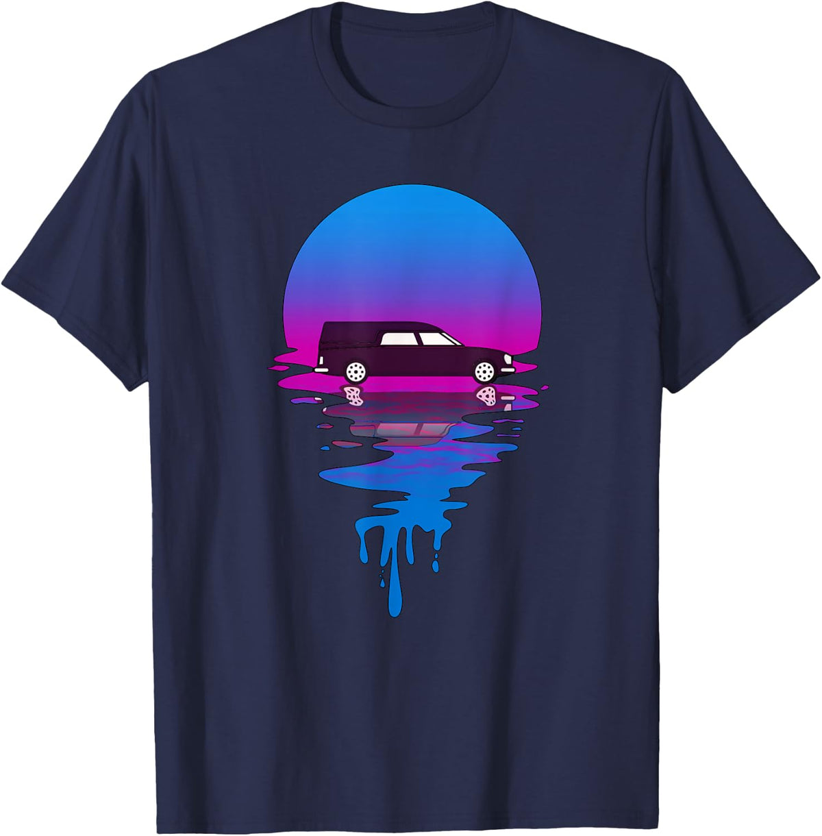 Vintage Retro Sunset Hearse T-Shirt - Navy Blue
