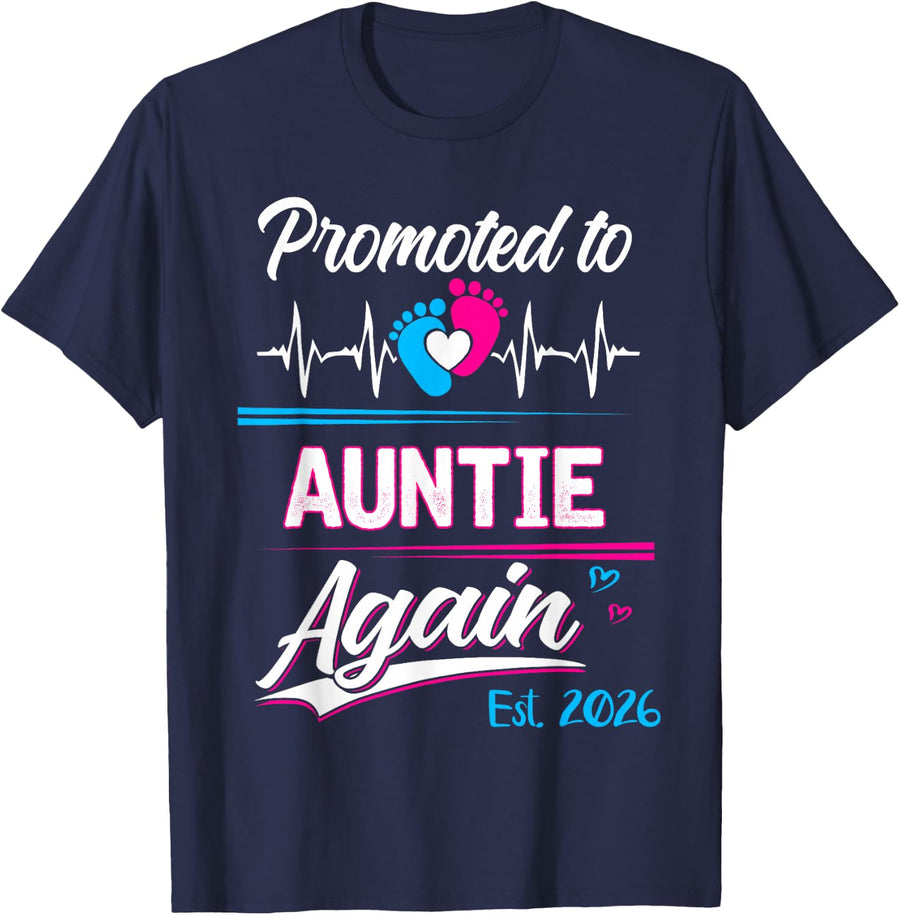 Promoted To Auntie Again Est 2026 Pregnancy Announcement T-Shirt Tee For Women - Navy Blue