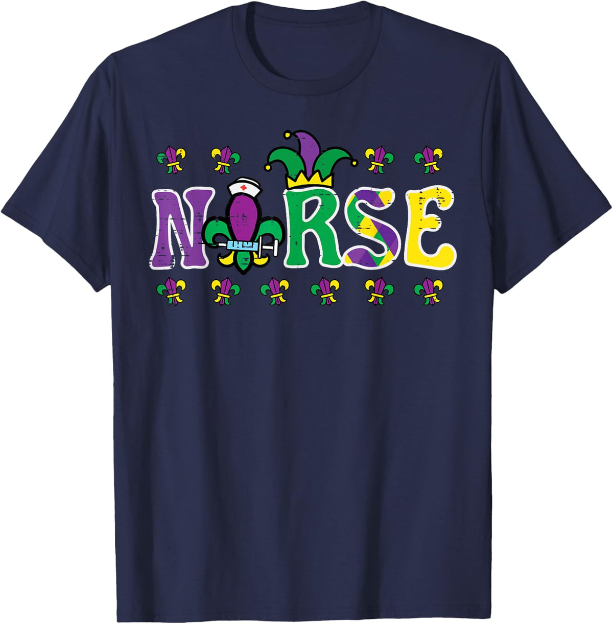 Mardi Gras Nurse Jester Scrub Top Carnival RN ICU Men Women T-Shirt - Navy Blue
