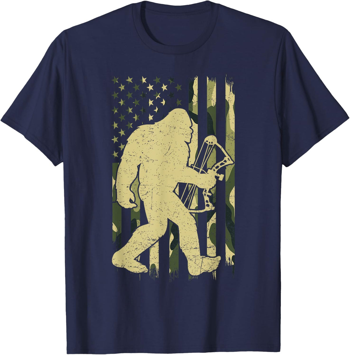 Camo Sasquatch Bigfoot Bow Hunter Deer Hunting Flag US T-Shirt - Navy Blue