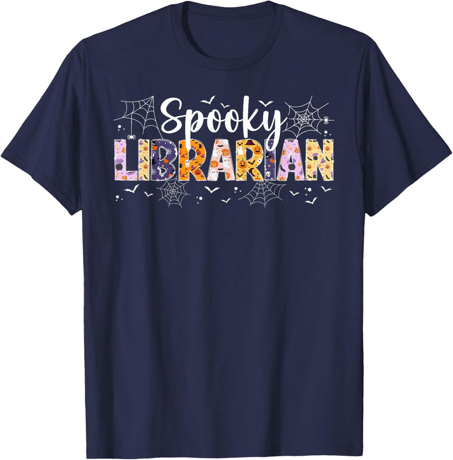 Spooky Librarian Halloween School Library Worker T-Shirt - Navy Blue