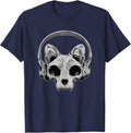 Cat Head Skull With Headphones Kitty Skeleton T-Shirt - Navy Blue