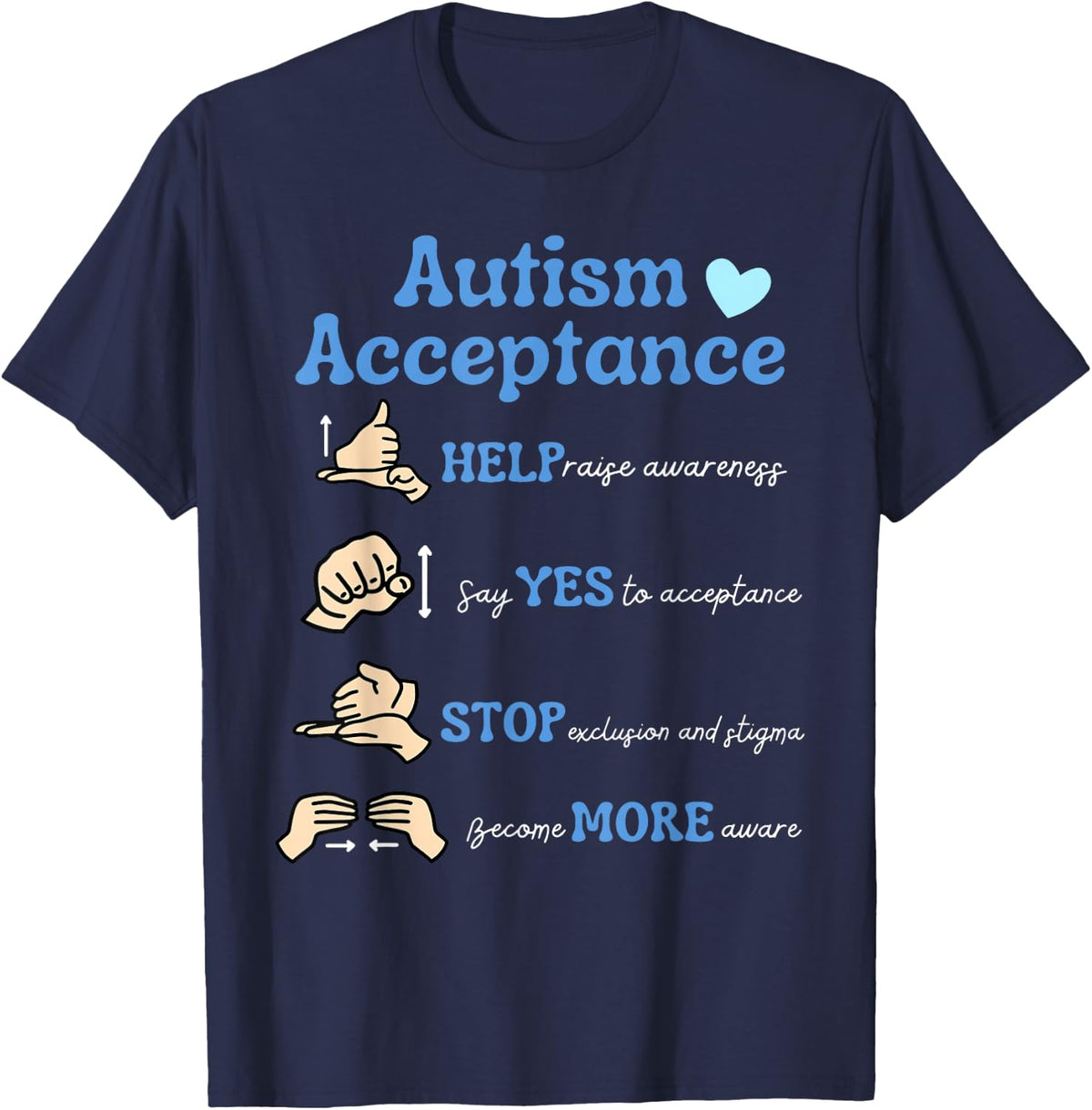 Autism Awareness Acceptance Hand Neurodiversity SPED Teacher Tee T-Shirt - Navy Blue