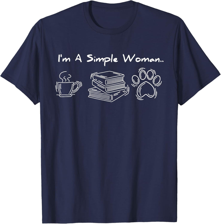 I'm A Simple Woman Like Book Coffee Dog Bookish Pet Lover T-Shirt - Navy Blue