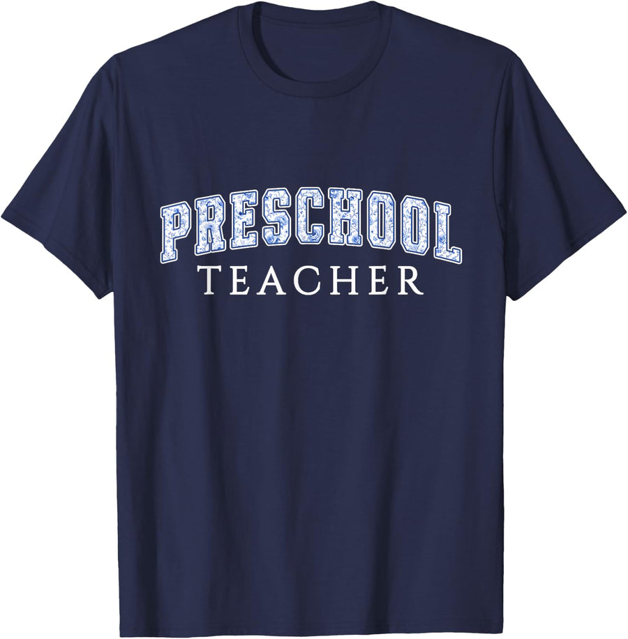 Preschool Teacher Blue Floral Varsity Letters Daycare T-Shirt - Navy Blue