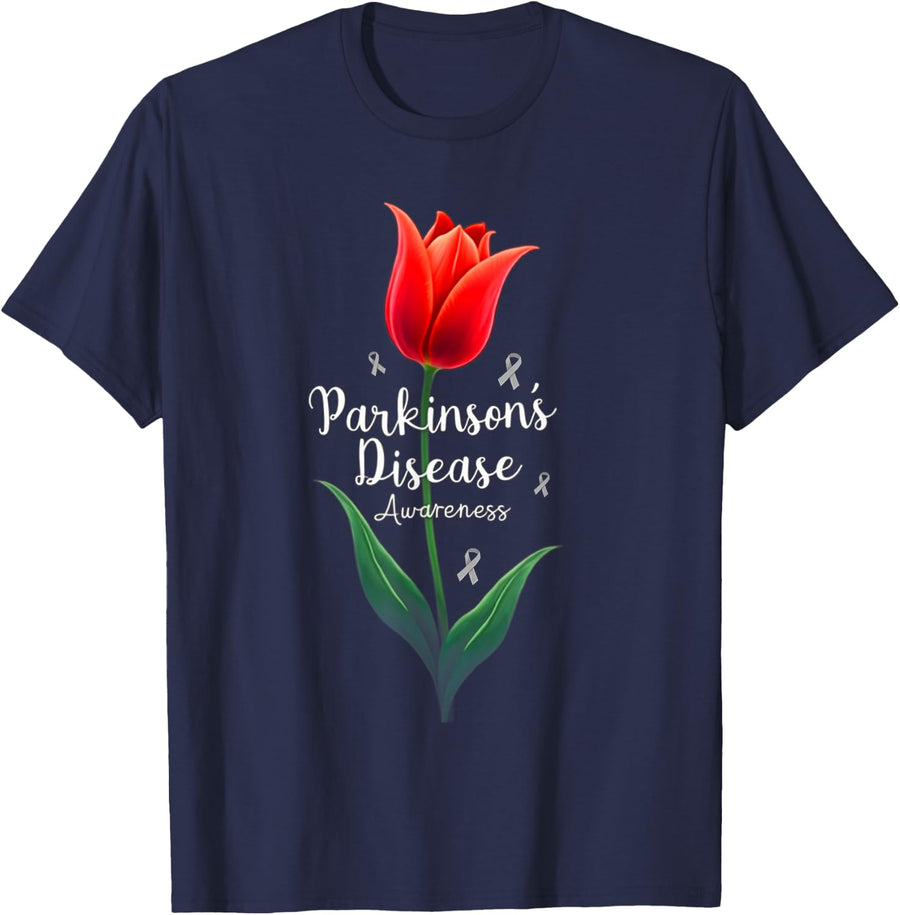 Parkinson's Disease Awareness Tulip Tee T-Shirt April Month Support Tees - Navy Blue