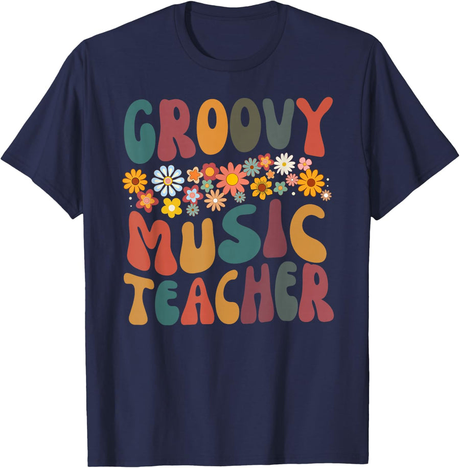 Groovy Music Teacher Retro Colorful Design T-Shirt - Navy Blue