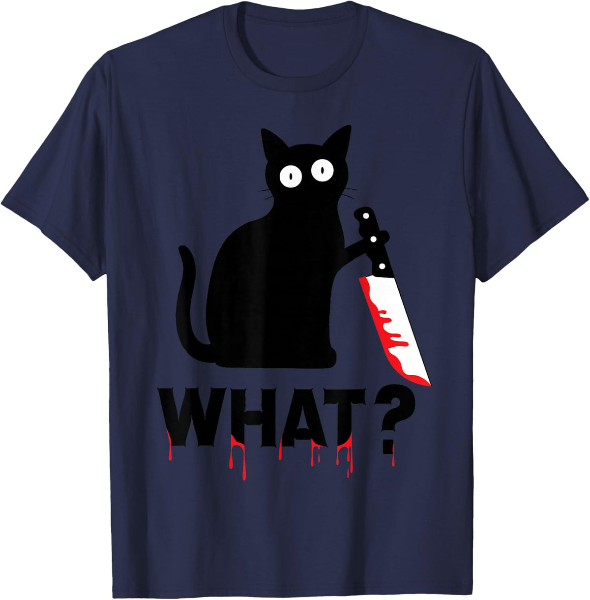 Cat What? Black Cat Murderous with Knife T-Shirt - Navy Blue