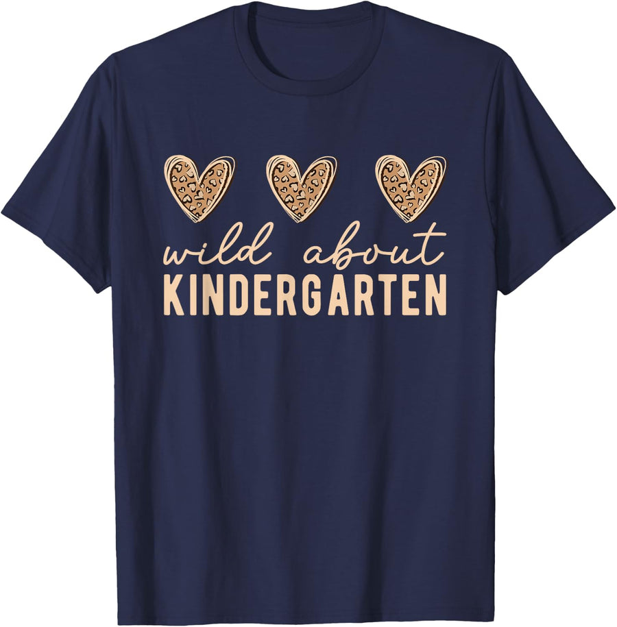 Wild about Kindergarten Teacher Leopard Hearts Back School T-Shirt - Navy Blue