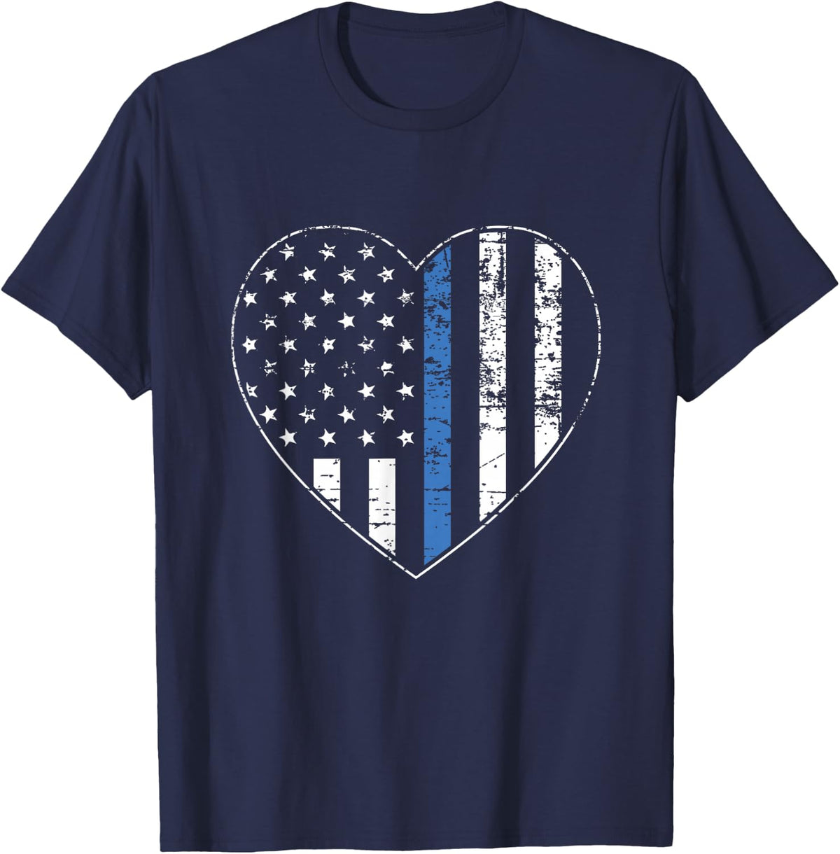Thin Blue Line American Flag Heart Police Officer Support T-Shirt - Navy Blue