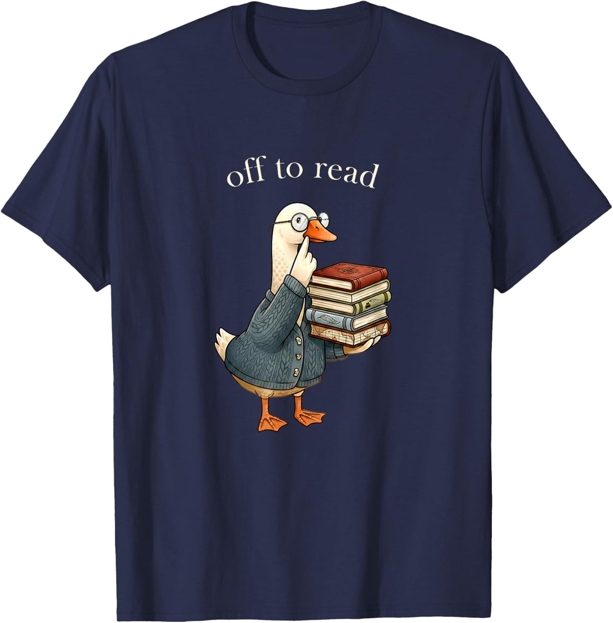 Off to Read Funny Librarian Goose Book Lover Cute Bookworm T-Shirt - Navy Blue