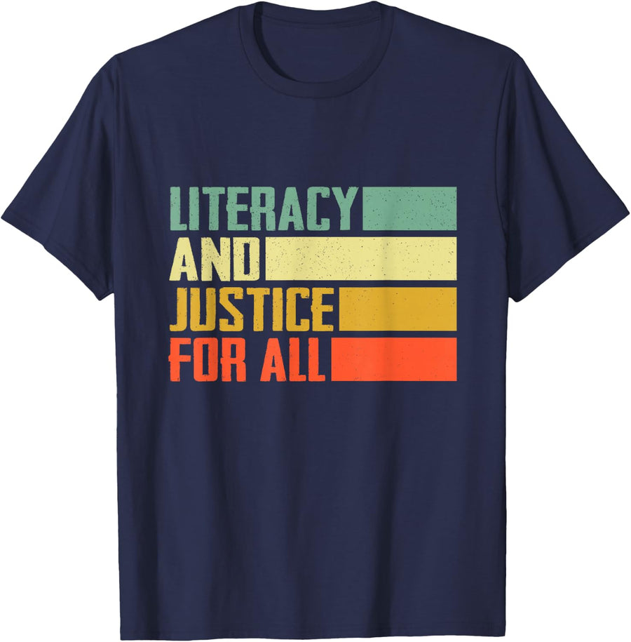 Literacy and Justice for All Retro Social Justice T-Shirt - Navy Blue