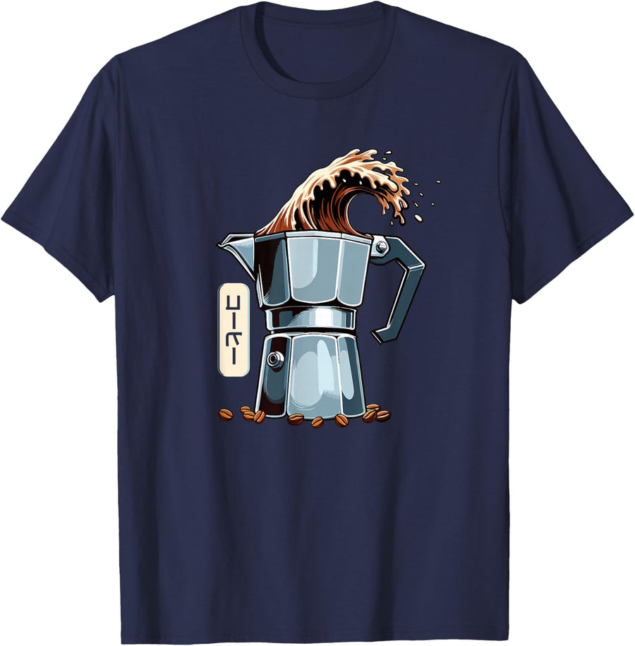 The Great Wave Of Coffee Funny Coffee Lover Caffeine Graphic T-Shirt - Navy Blue