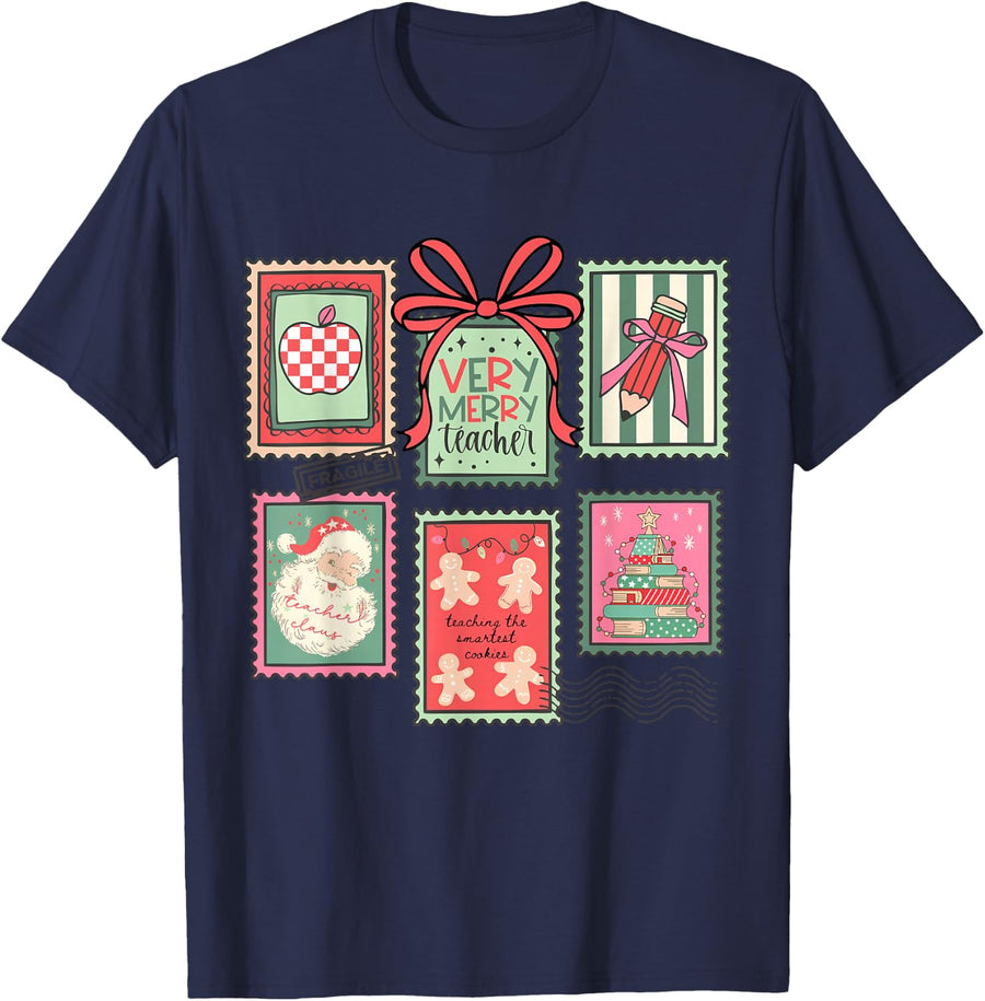 Vintage Preppy Very Merry Teacher Santa Stamps Christmas T-Shirt - Navy Blue