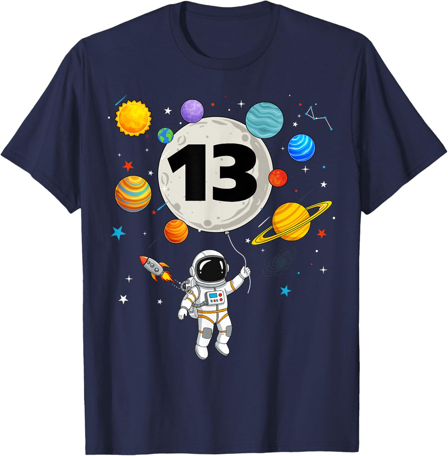 13 Years Old Birthday Boy 13th Bday Astronaut Outer Space T-Shirt - Navy Blue