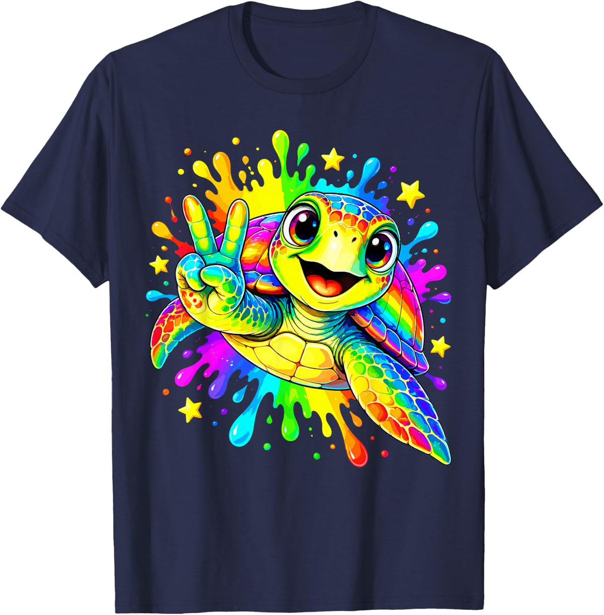Cute Sea Turtle Tie-Dye Peace Sign T-Shirt - Navy Blue