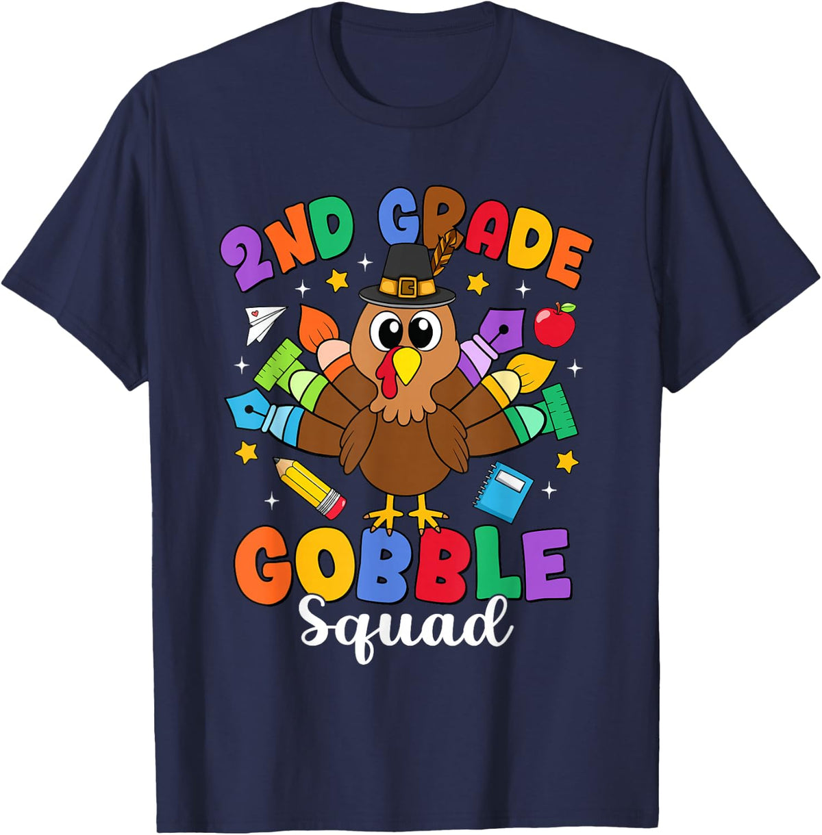 Second Grade Gobble Squad Teacher Student Thanksgiving T-Shirt - Navy Blue