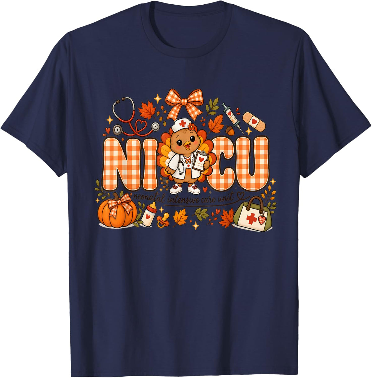 NICU Nurse Thanksgiving Autumn Apparel T-Shirt - Navy Blue