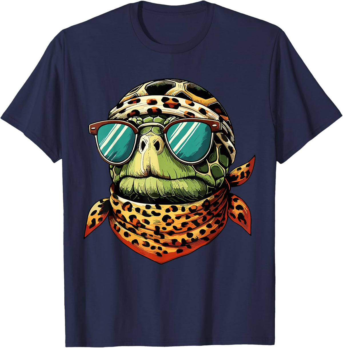 Tortoise Turtle Wearing Leopard Scarf Wearing Sunglasses T-Shirt - Navy Blue