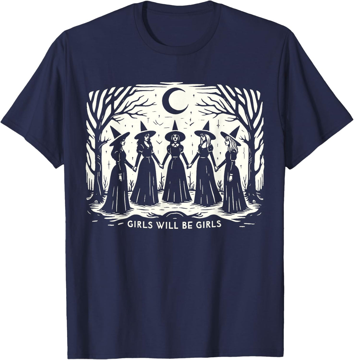 Girl Will Be Girls Witch Witchy Spooky Season Halloween T-Shirt - Navy Blue