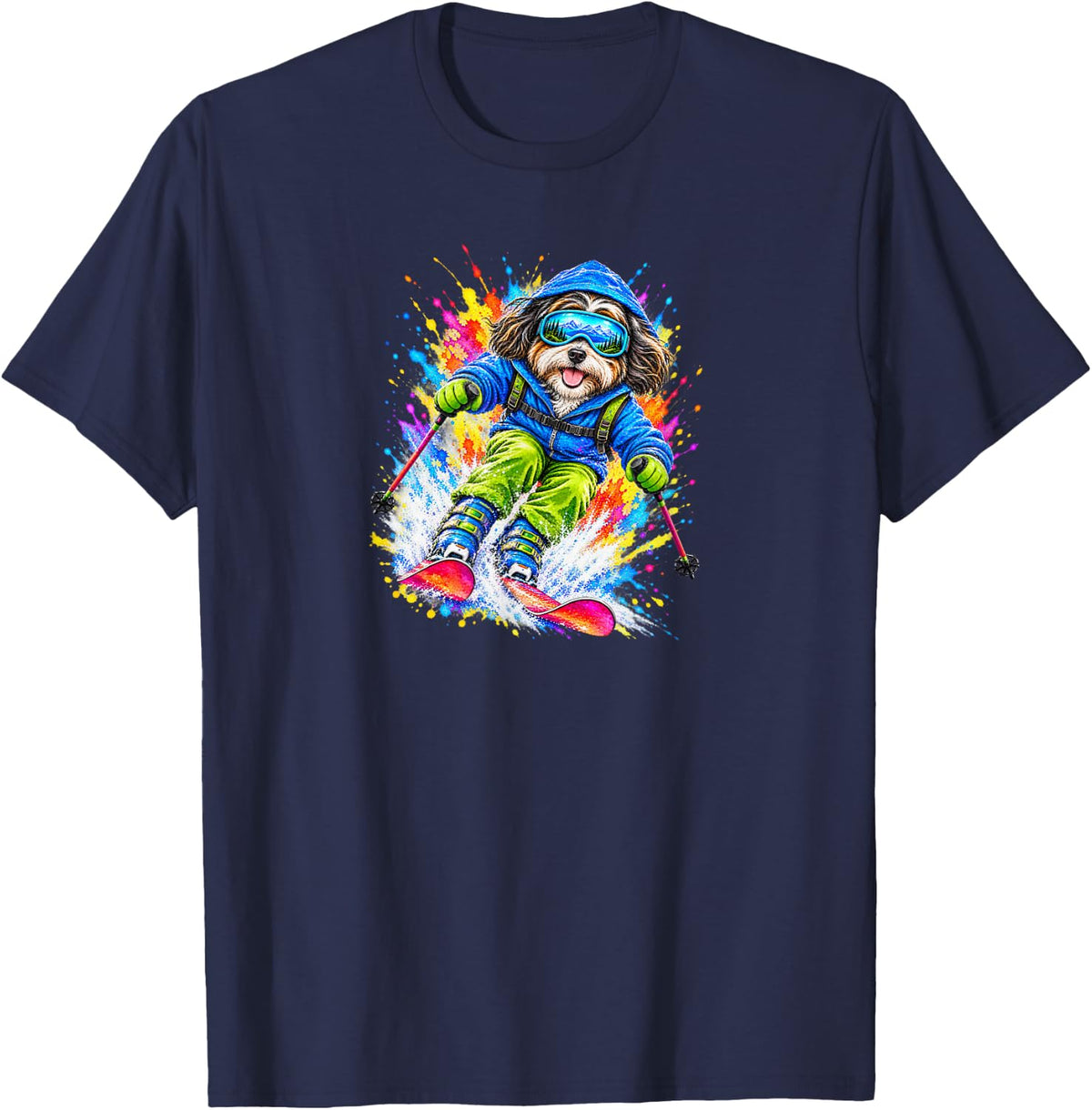 Havanese Dog Skiing Watercolor Splash Art T-Shirt - Navy Blue