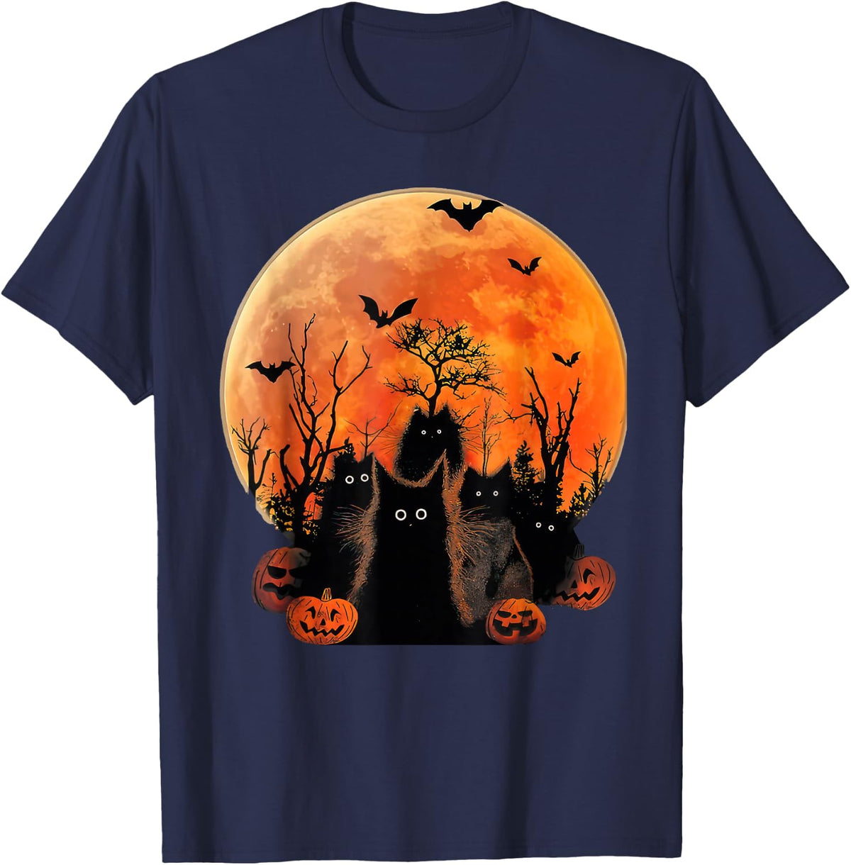 Black Cats Full Moon Funny Animal Pet Lover Halloween T-Shirt - Navy Blue
