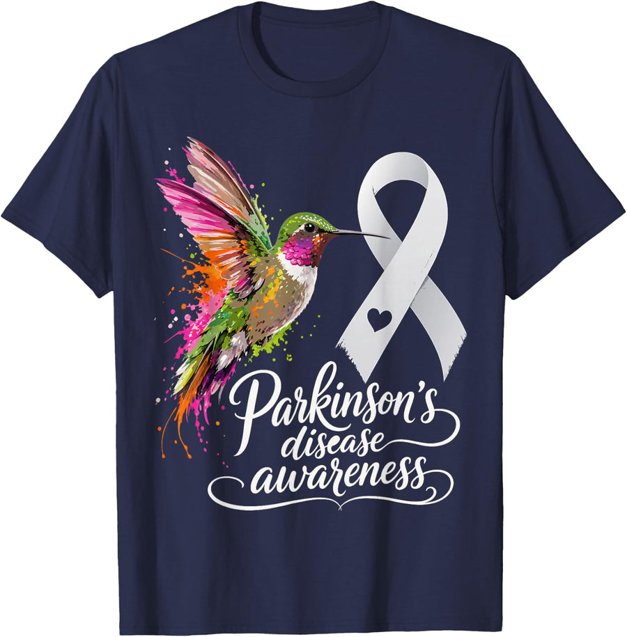 Support Parkinson's Disease Awareness Silver Grey Ribbon T-Shirt Tee for Men Women - Navy Blue
