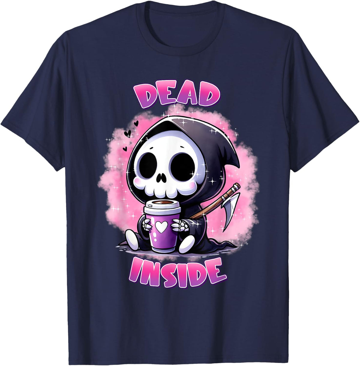 Cute Kawaii Grim Coffee Addict - Dead Inside Coffee T-Shirt - Navy Blue