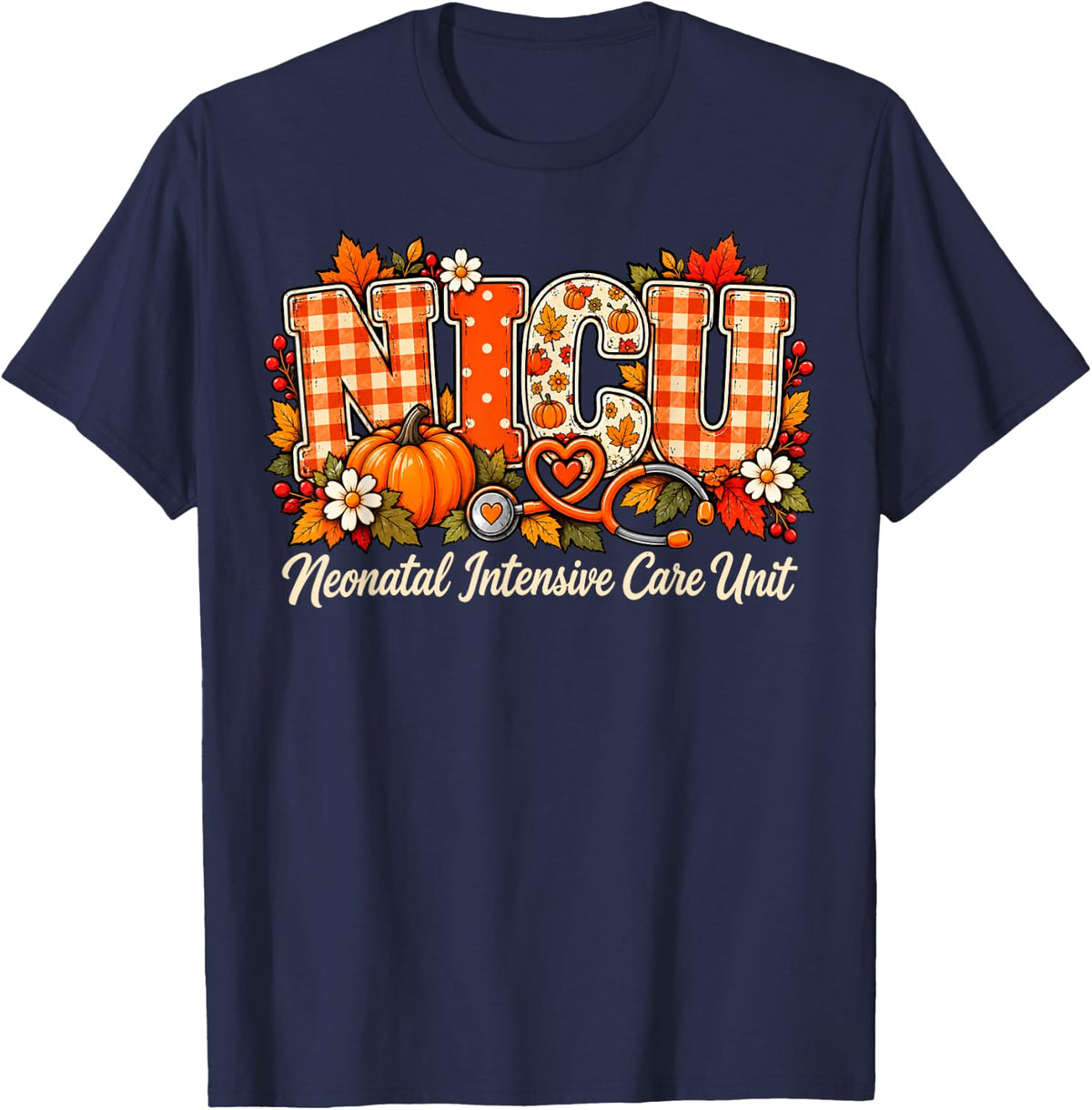 NICU Nurse Pumpkin Fall Autumn Neonatal Intensive Care Unit T-Shirt - Navy Blue