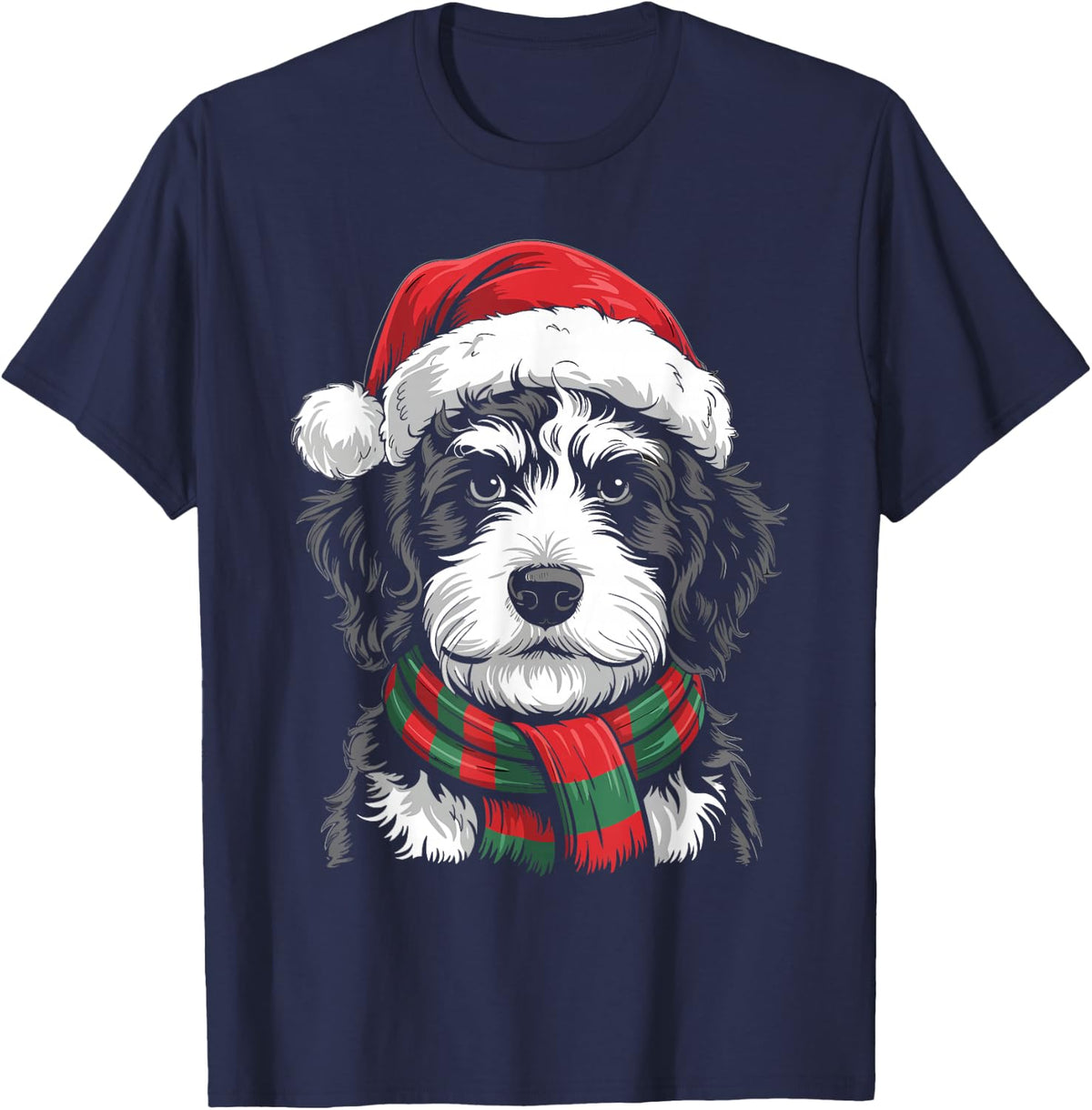 Bernedoodle Dog Xmas Santa Hat Scarf Christmas Costume T-Shirt - Navy Blue