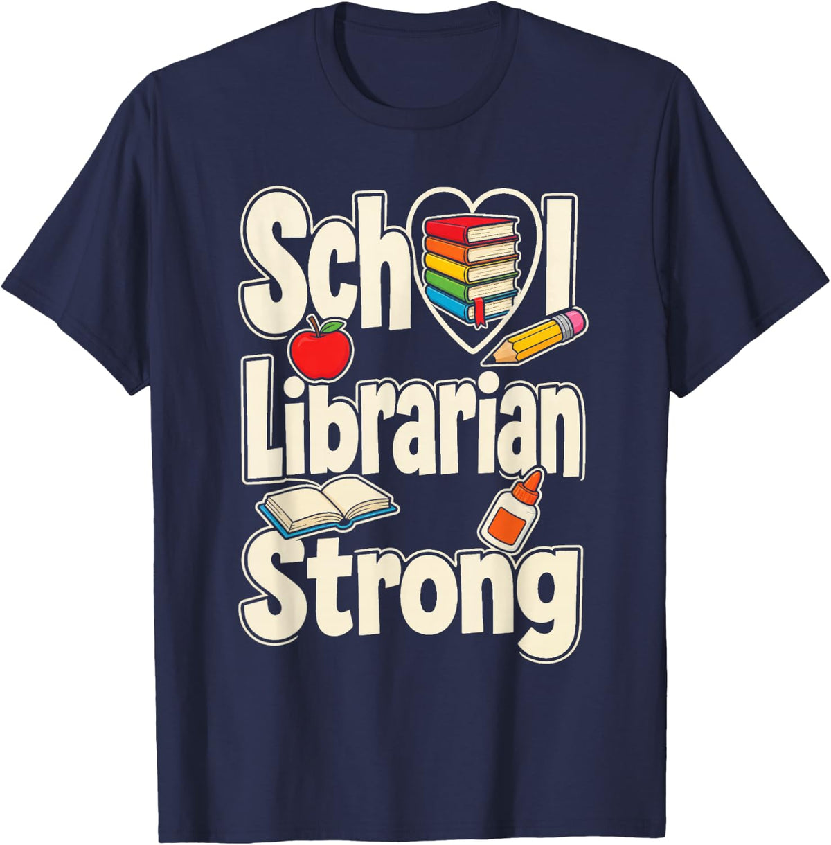 School Librarian Strong Elementary Library Heart Open Book T-Shirt - Navy Blue