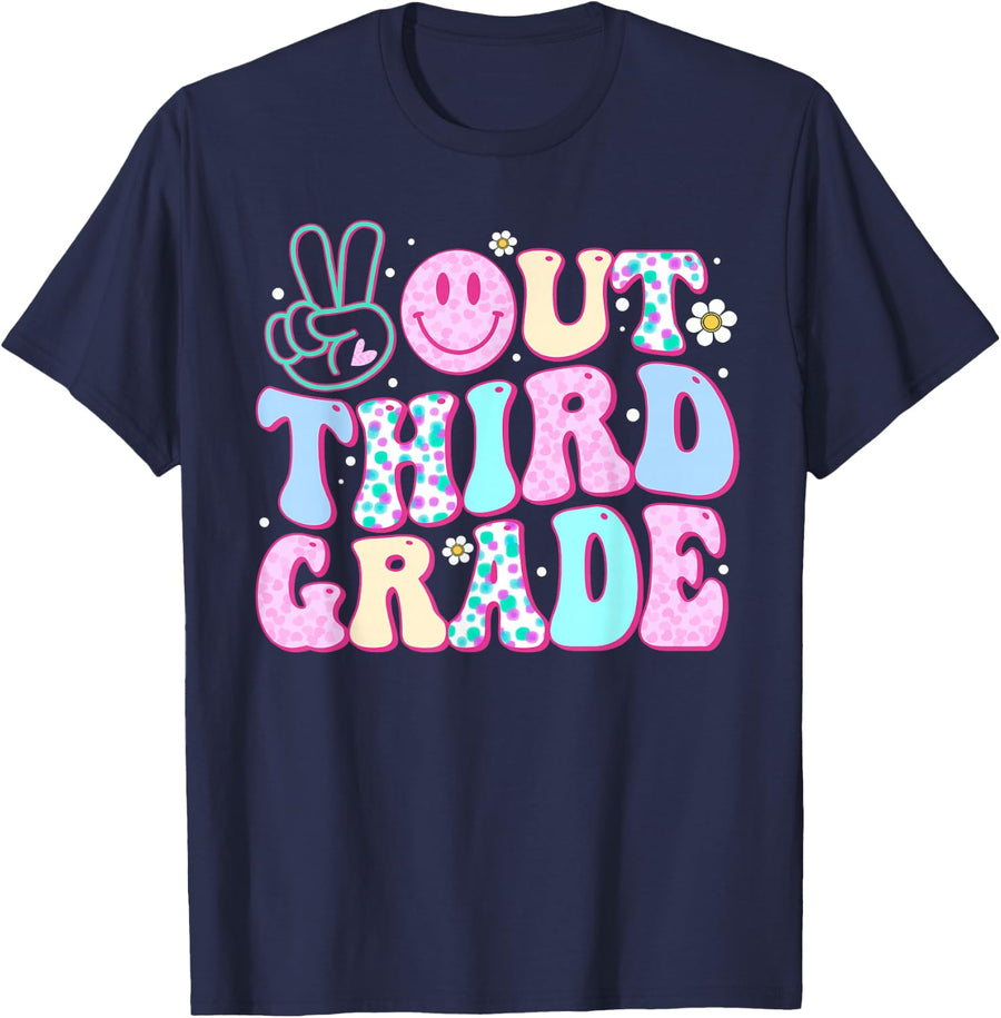 Peace Out Third Grade Last Day Of School Groovy Boys Girls T-Shirt - Navy Blue
