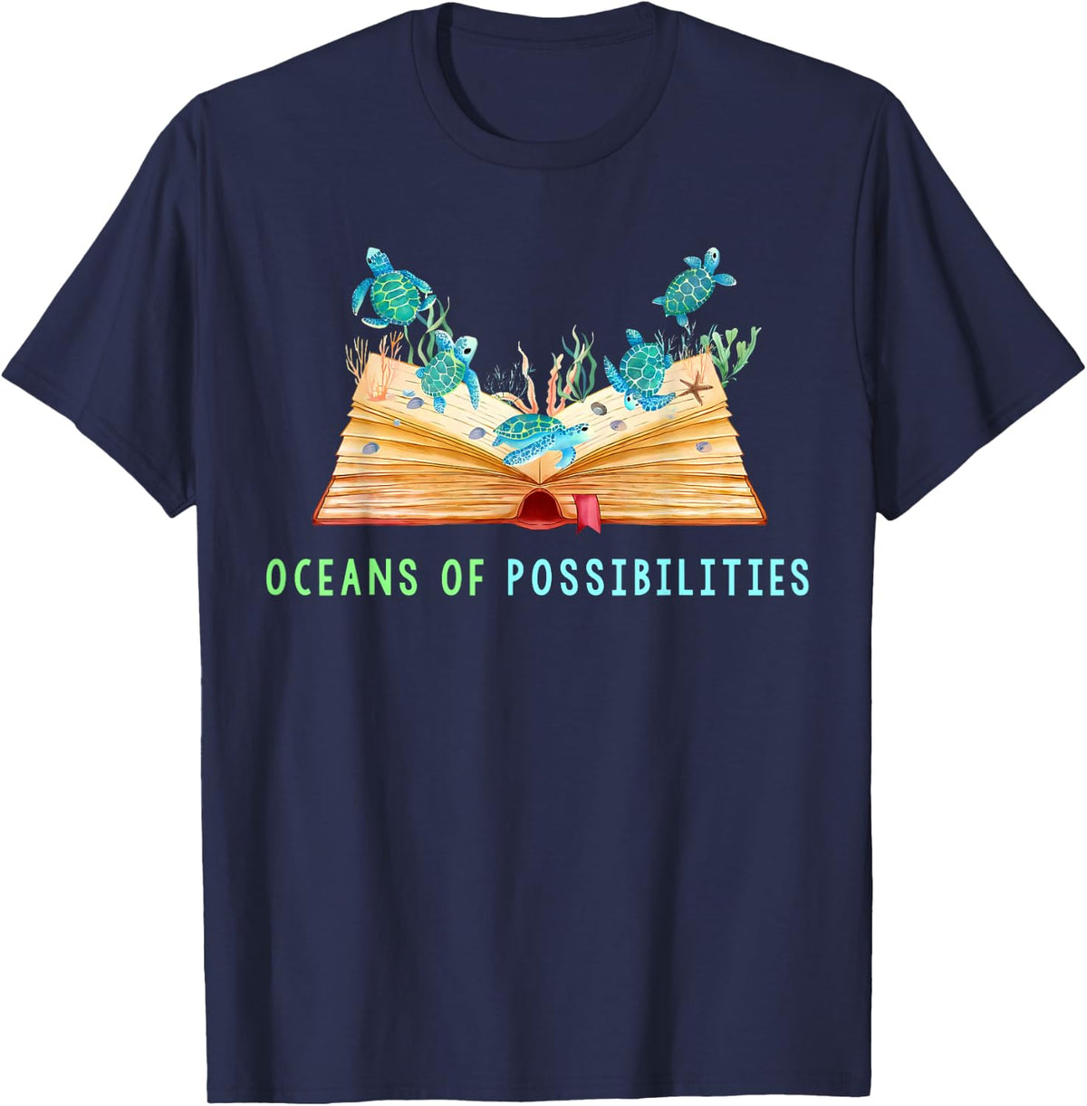 Book Sea Turtle Summer Reading Oceans of Possibilities T-Shirt - Navy Blue