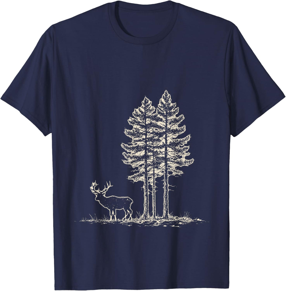 Vintage Elk Pine Forest Ink Etching Wildlife Hunter T-Shirt - Navy Blue