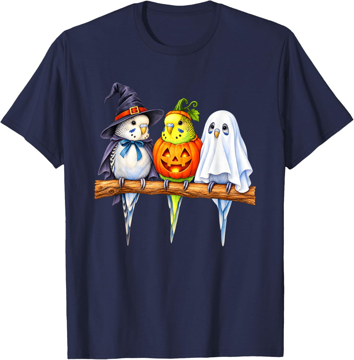 Halloween Birds Witch Ghost Pumpkin Parrot Owl Perched On T-Shirt - Navy Blue