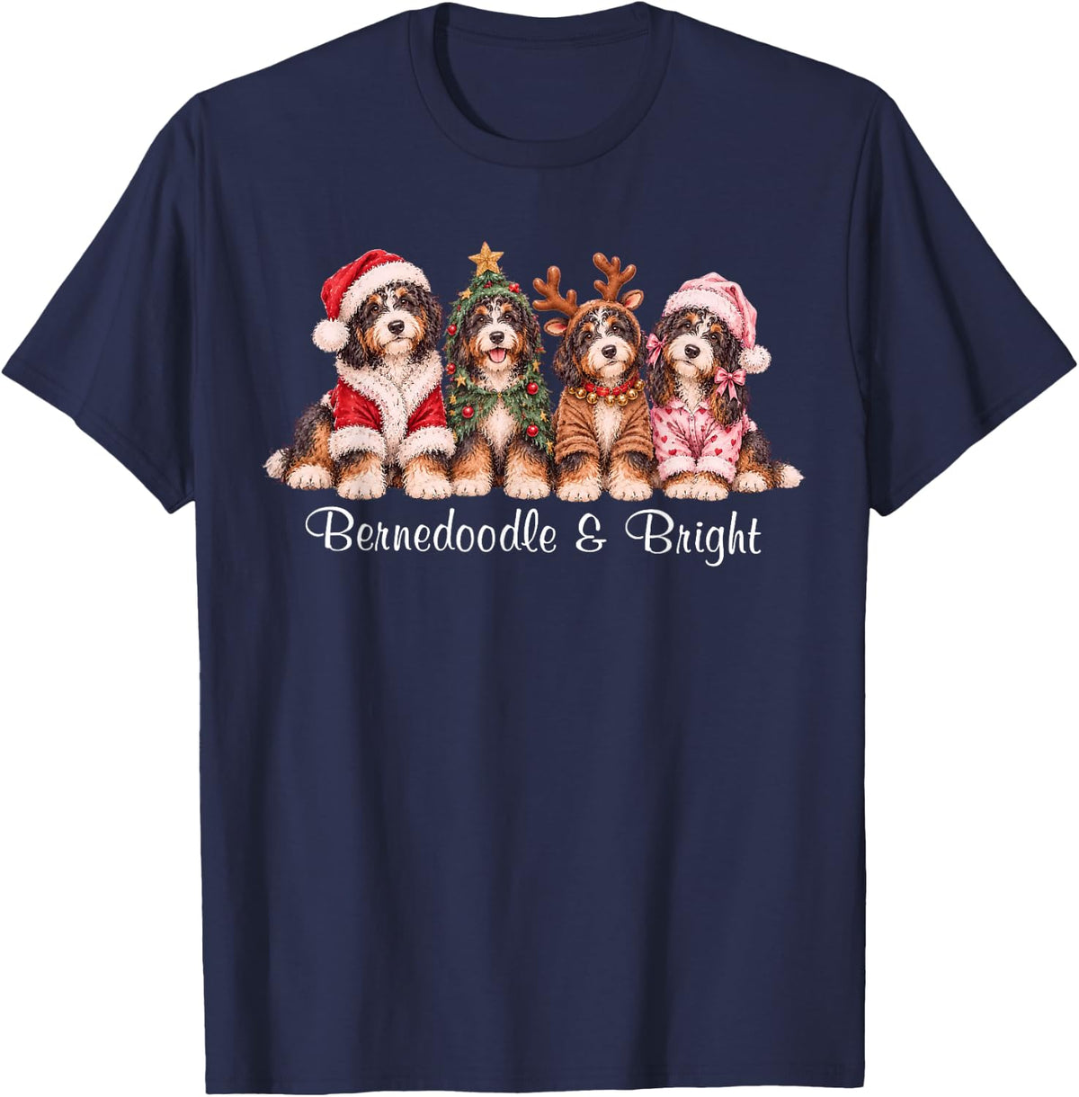 Bernedoodle and Bright Christmas Tree Santa Reindeer T-Shirt - Navy Blue