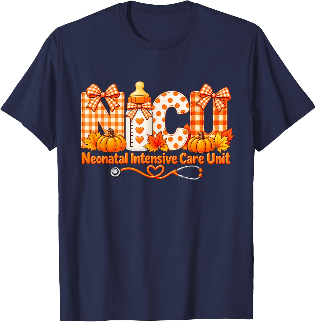 NICU Nurse Pumpkin Fall Neonatal Intensive Care Unit Nursing T-Shirt - Navy Blue