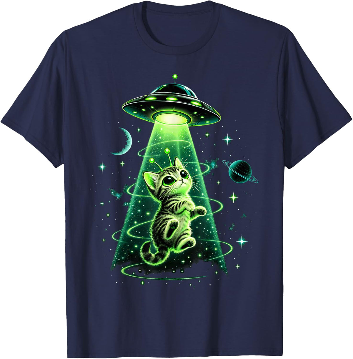 Green Alien Cat Abduction Cat in UFO Beam T-Shirt - Navy Blue