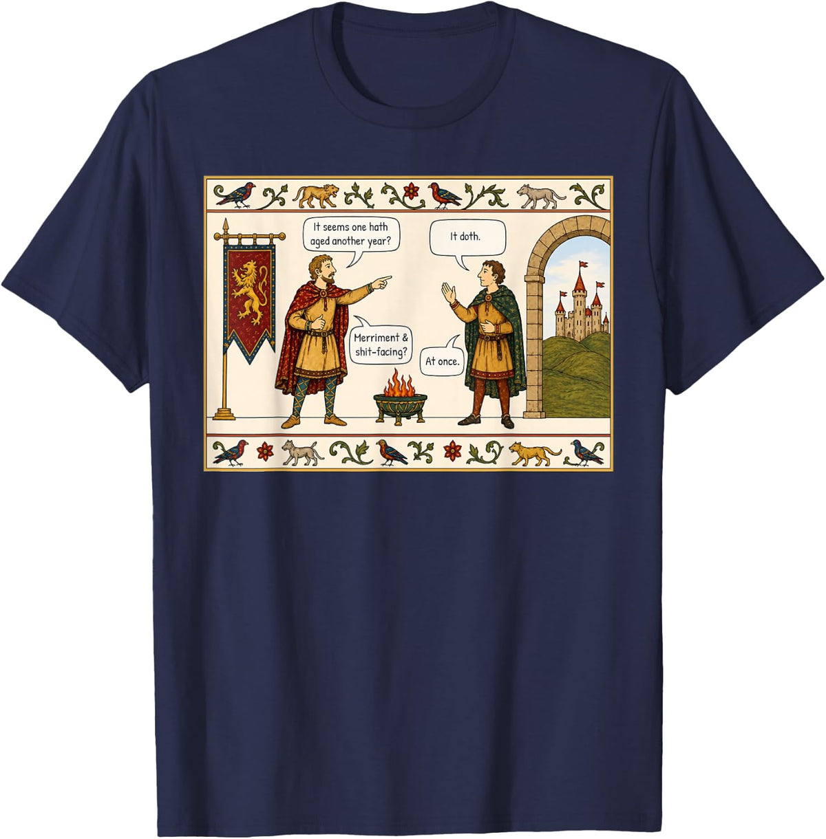Medieval Birthday Card History Teacher Knight Conversation T-Shirt - Navy Blue