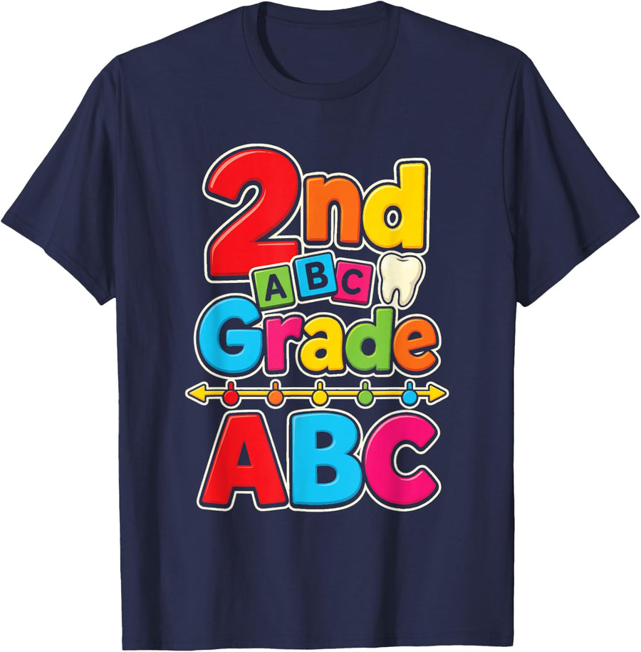 2nd Grade ABC Letter Tiles Number Line Cartoon Smile T-Shirt - Navy Blue