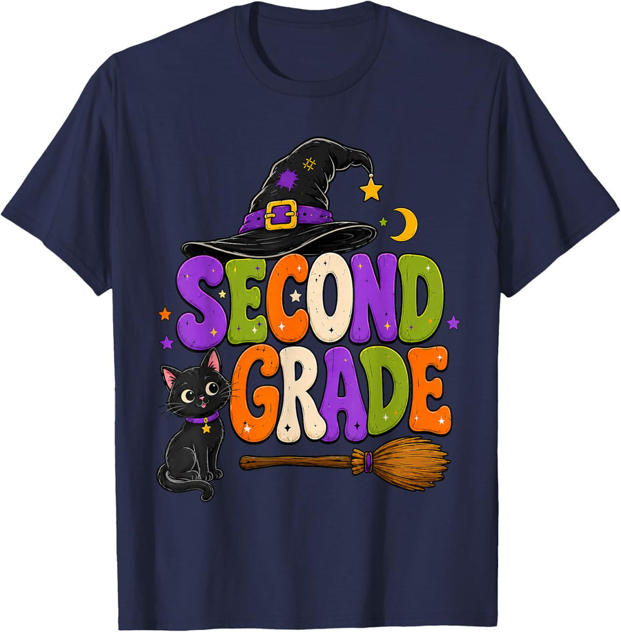 2nd Grade Funny Halloween Witch Teacher Kids Second Grade T-Shirt - Navy Blue