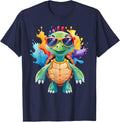 Cute Turtle Wearing Sunglasses Paint Splash Sea Animal T-Shirt - Navy Blue