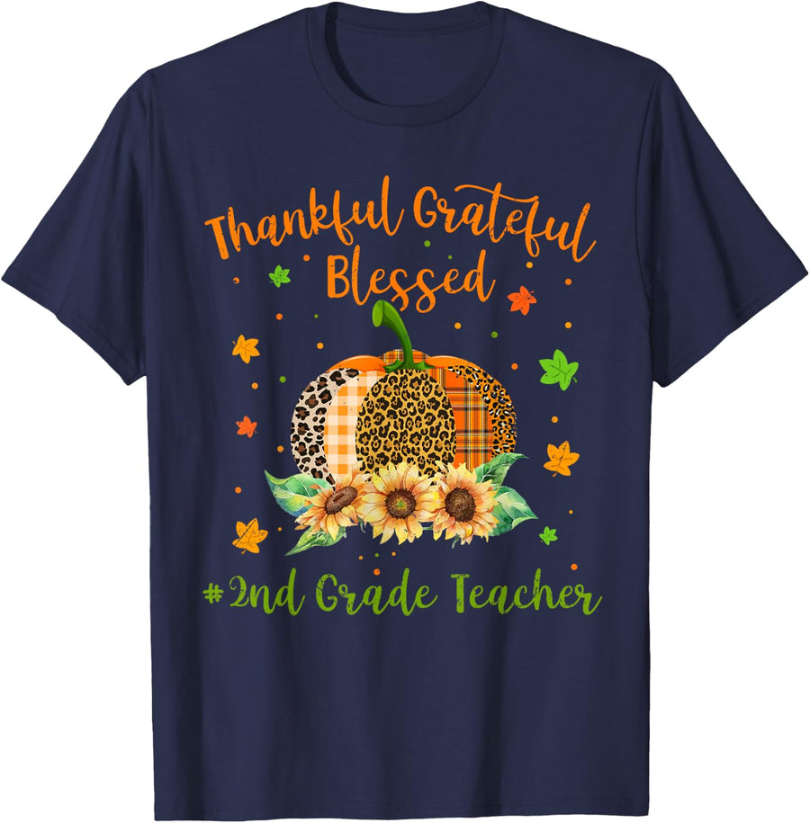 Thankful 2nd Grade Teacher Pumpkin Sunflower Thanksgiving T-Shirt - Navy Blue