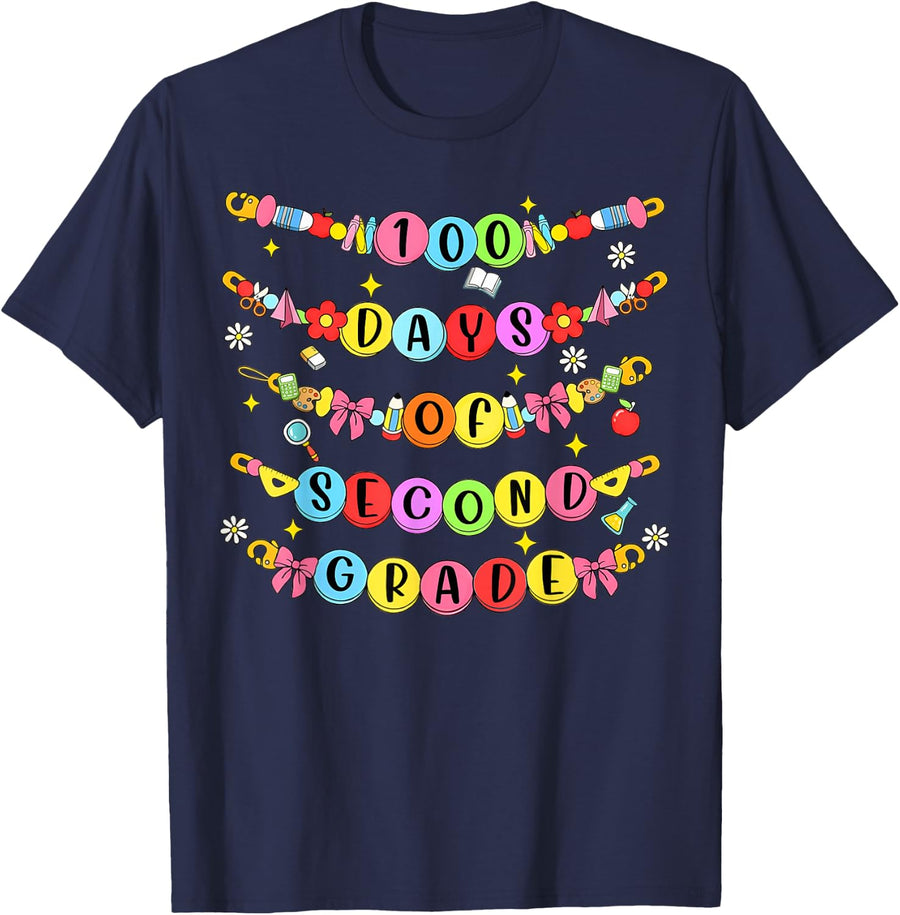 100 Days of Second Grade Teacher Kid Friendship Bracelet T-Shirt - Navy Blue