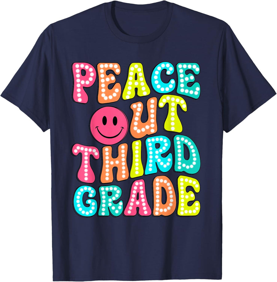 Peace Out Third Grade Happy Last Day Of School Groovy Retro T-Shirt Tee For Kids Teachers - Navy Blue