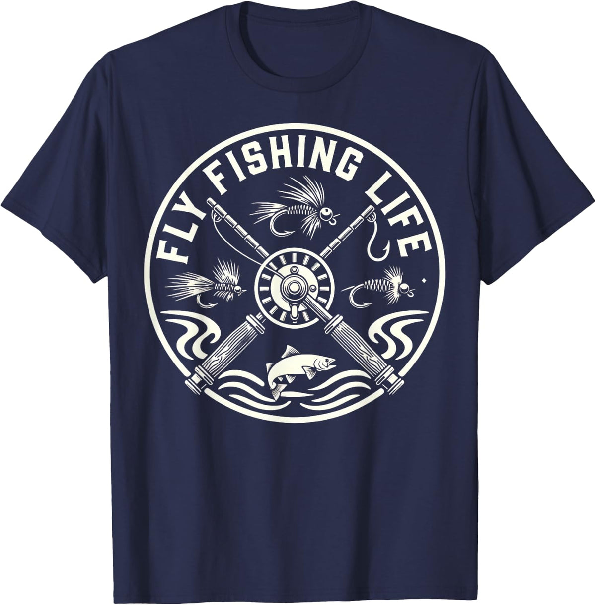 Fly Fishing Adventures Vintage Rod Fly Design T-Shirt - Navy Blue