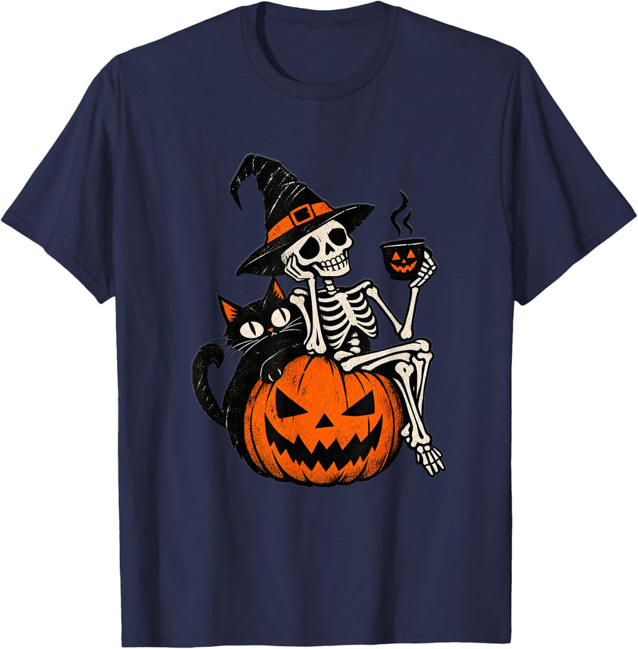 Spooky Crazy Dark Cat Pumpkin Halloween Art Vintage T-Shirt - Navy Blue
